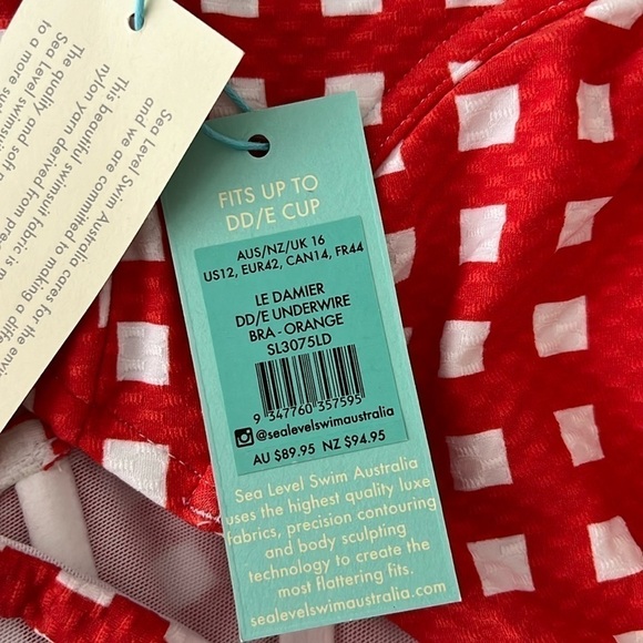 Sea Level Swim Australia Le Damier DD-E Cup Underwire Bikini Top Red White NWT - Picture 5 of 5